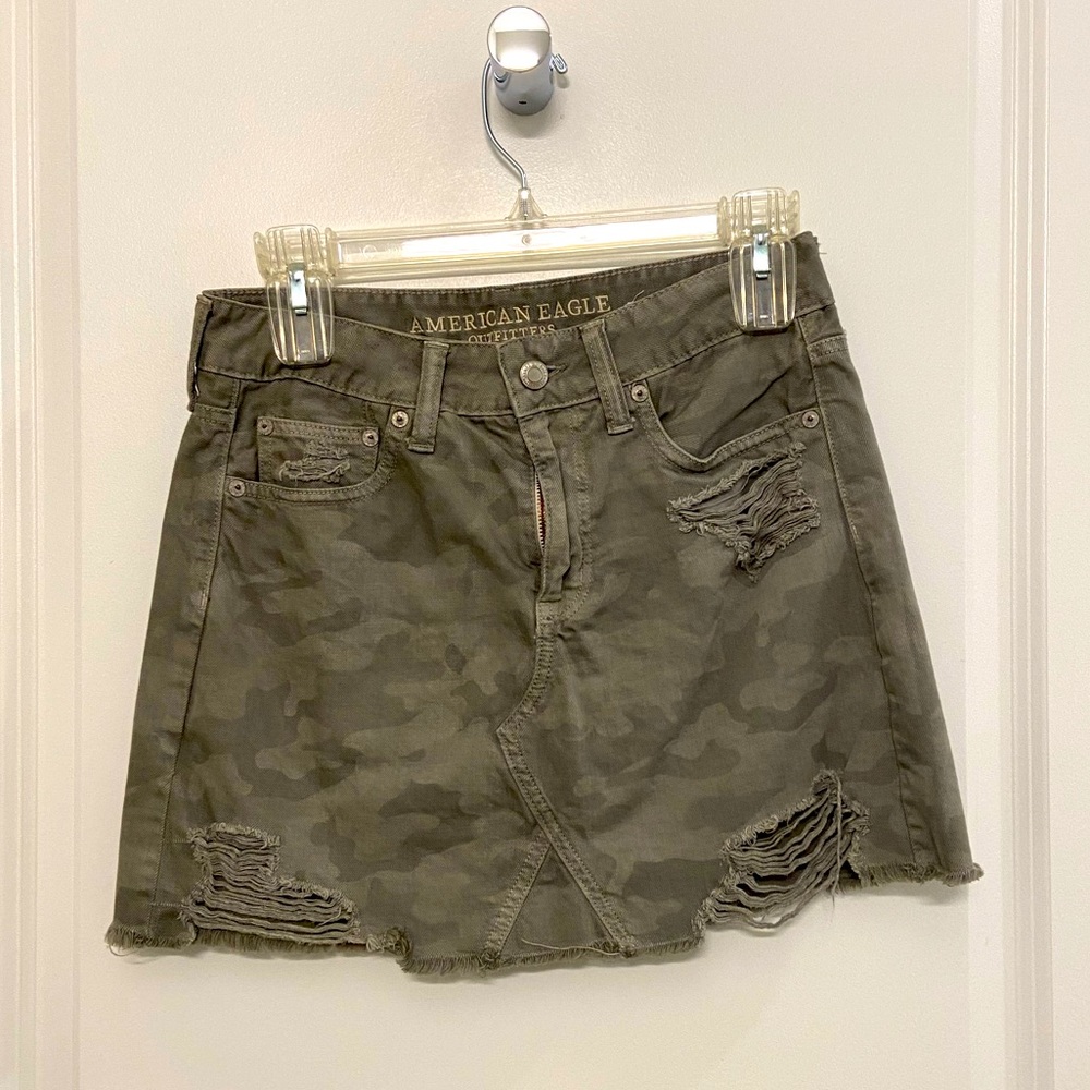 American Eagle camouflage distressed denim skirt